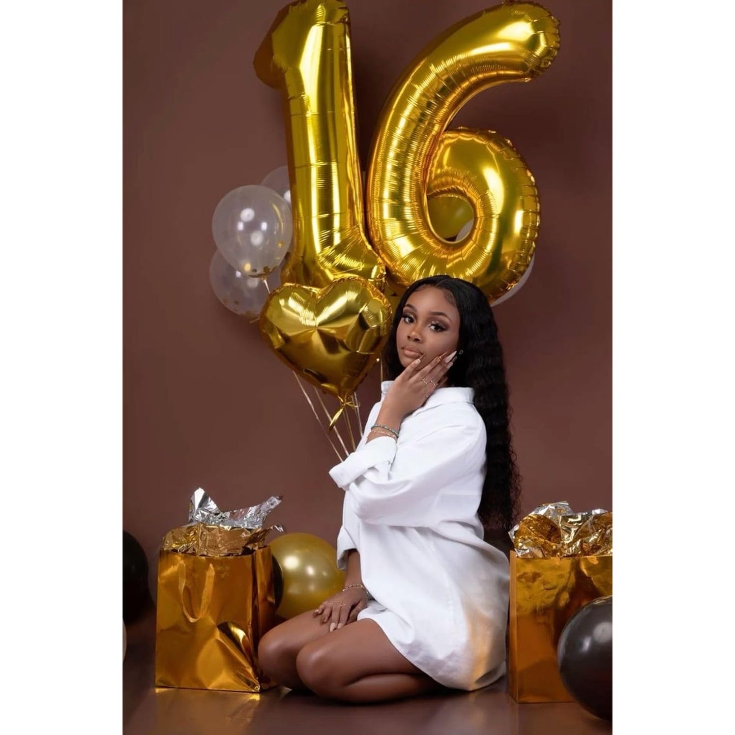 Balon din Folie Metalizata, Figurina Cifra, Tema Aniversare 40 cm, Ambalaj Individual, Pai inclus, Umflare cu Aer sau Heliu, Auriu, Cifra 6