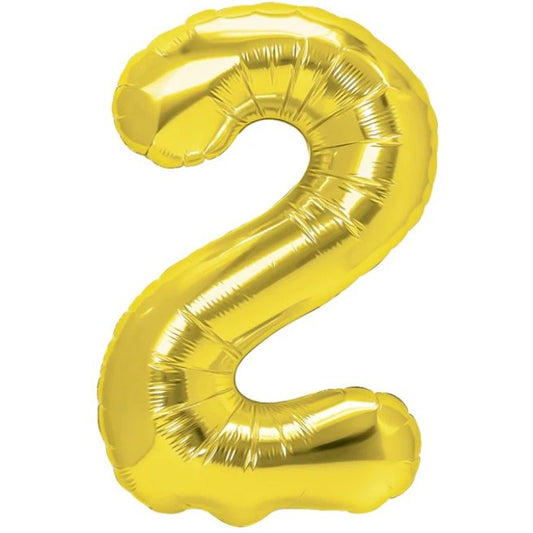 Balon din Folie Metalizata, Figurina Cifra, Tema Aniversare 40 cm, Ambalaj Individual, Pai inclus, Umflare cu Aer sau Heliu, Auriu, Cifra 2