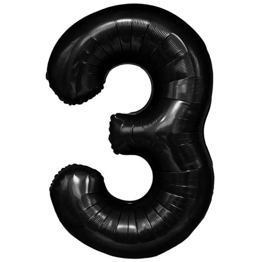 Balon din Folie Metalizata, Figurina Cifra, Tema Aniversare 80 cm, Ambalaj Individual, Pai inclus, Umflare cu Aer sau Heliu, Negru, Cifra 3