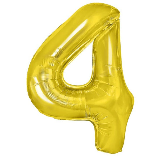 Balon din Folie Metalizata, Figurina Cifra, Tema Aniversare 40 cm, Ambalaj Individual, Pai inclus, Umflare cu Aer sau Heliu, Auriu, Cifra 4