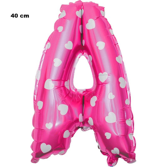Balon Folie Metalizata Litera A, 40 cm, Cu Imprimeu Inimioare, Umflati cu Heliu sau Aer, Ambalaj Individual, Pai inclus, Roz