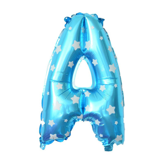 Balon Folie Metalizata Litera A, 40 cm, Cu Imprimeu Stelute, Umflati cu Heliu sau Aer, Ambalaj Individual, Pai inclus, Albastru