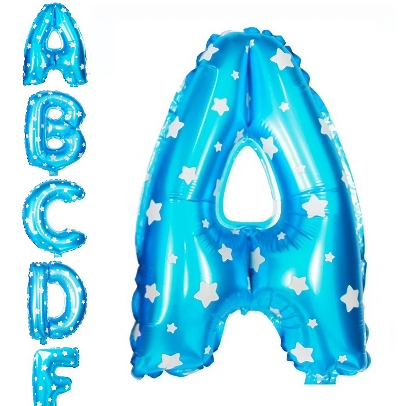Balon Folie Metalizata Litera A, 40 cm, Cu Imprimeu Stelute, Umflati cu Heliu sau Aer, Ambalaj Individual, Pai inclus, Albastru