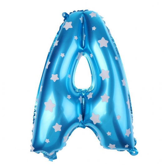 Balon Folie Metalizata Litera A, 40 cm, Cu Imprimeu Stelute, Umflati cu Heliu sau Aer, Ambalaj Individual, Pai inclus, Albastru