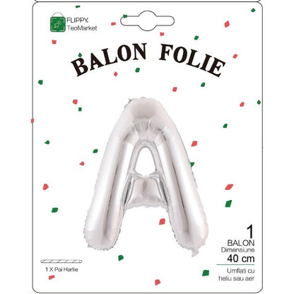 Balon Folie Metalizata Litera A, 40 cm, Umflati cu Heliu sau Aer, Ambalaj Individual, Pai inclus, Argintiu