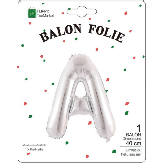 Balon Folie Metalizata Litera A, 40 cm, Umflati cu Heliu sau Aer, Ambalaj Individual, Pai inclus, Argintiu