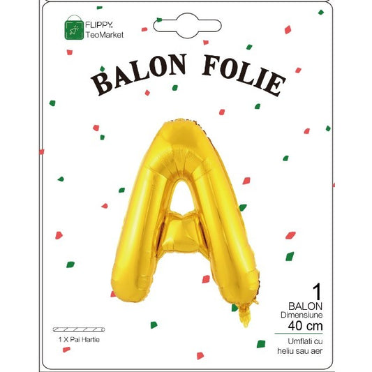 Balon Folie Metalizata Litera A, 40 cm, Umflati cu Heliu sau Aer, Ambalaj Individual, Pai inclus, Auriu