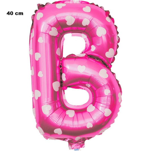 Balon Folie Metalizata Litera B, 40 cm, Cu Imprimeu Inimioare, Umflati cu Heliu sau Aer, Ambalaj Individual, Pai inclus, Roz