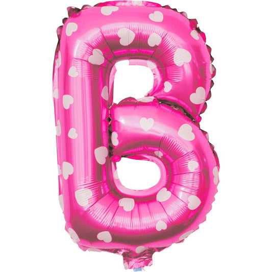 Balon Folie Metalizata Litera B, 40 cm, Cu Imprimeu Inimioare, Umflati cu Heliu sau Aer, Ambalaj Individual, Pai inclus, Roz