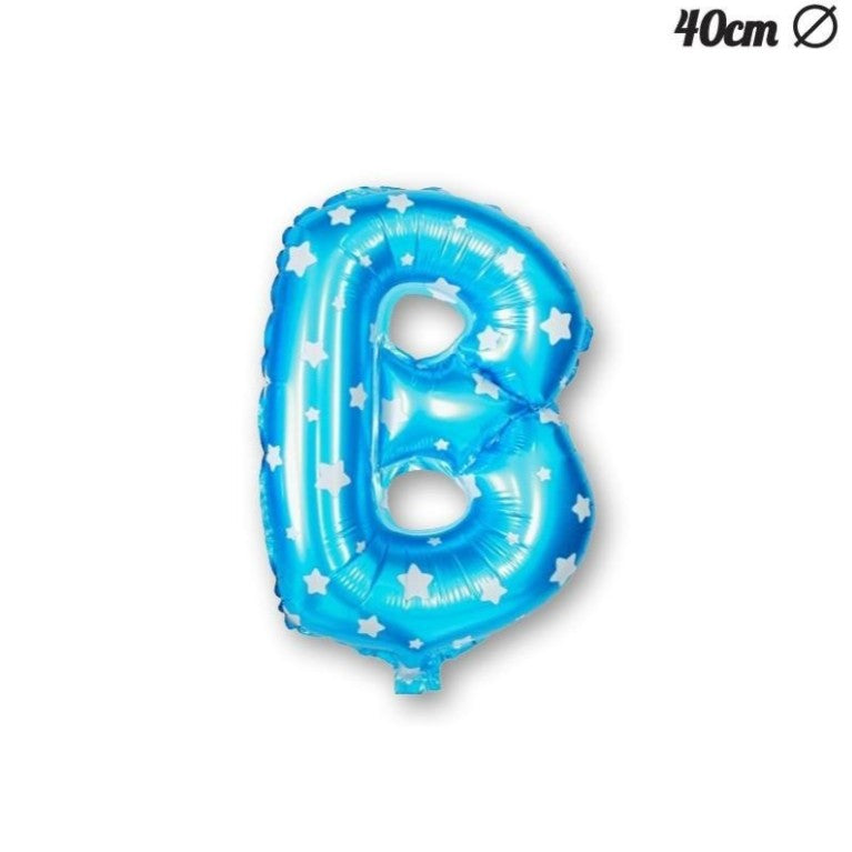 Balon Folie Metalizata Litera B, 40 cm, Cu Imprimeu Stelute, Umflati cu Heliu sau Aer, Ambalaj Individual, Pai inclus, Albastru