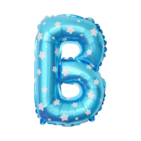 Balon Folie Metalizata Litera B, 40 cm, Cu Imprimeu Stelute, Umflati cu Heliu sau Aer, Ambalaj Individual, Pai inclus, Albastru