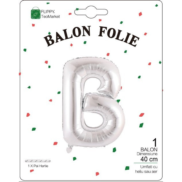Balon Folie Metalizata Litera B, 40 cm, Umflati cu Heliu sau Aer, Ambalaj Individual, Pai inclus, Argintiu