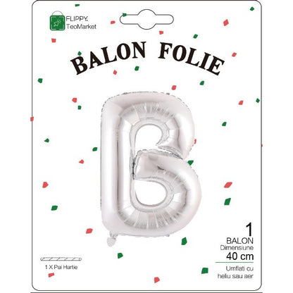 Balon Folie Metalizata Litera B, 40 cm, Umflati cu Heliu sau Aer, Ambalaj Individual, Pai inclus, Argintiu