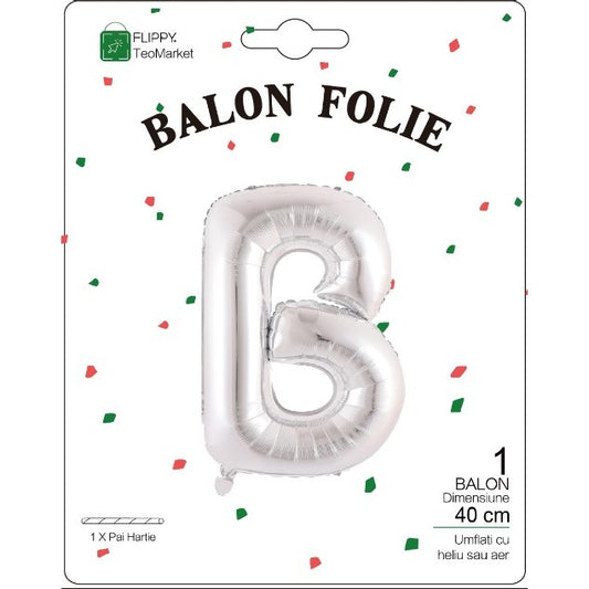 Balon Folie Metalizata Litera B, 40 cm, Umflati cu Heliu sau Aer, Ambalaj Individual, Pai inclus, Argintiu