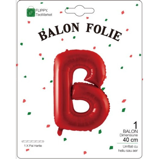 Balon Folie Metalizata Litera B, 40 cm, Umflati cu Heliu sau Aer, Ambalaj Individual, Pai inclus, Rosu