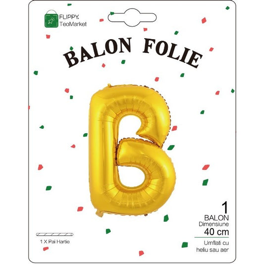 Balon Folie Metalizata Litera B, 40 cm, Umflati cu Heliu sau Aer, Ambalaj Individual, Pai inclus, Auriu