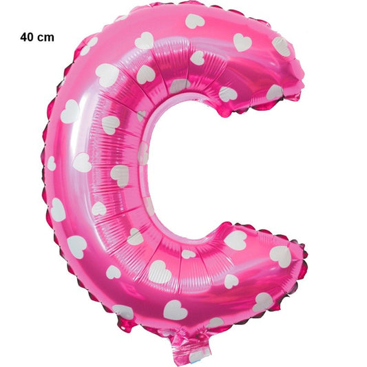 Balon Folie Metalizata Litera C, 40 cm, Cu Imprimeu Inimioare, Umflati cu Heliu sau Aer, Ambalaj Individual, Pai inclus, Roz