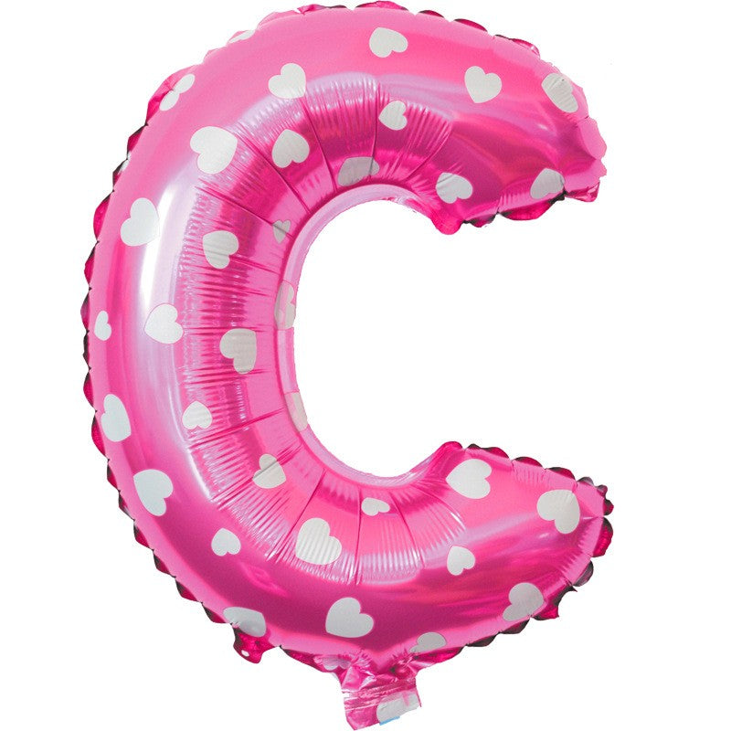 Balon Folie Metalizata Litera C, 40 cm, Cu Imprimeu Inimioare, Umflati cu Heliu sau Aer, Ambalaj Individual, Pai inclus, Roz