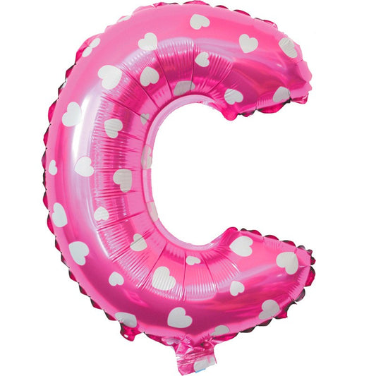 Balon Folie Metalizata Litera C, 40 cm, Cu Imprimeu Inimioare, Umflati cu Heliu sau Aer, Ambalaj Individual, Pai inclus, Roz
