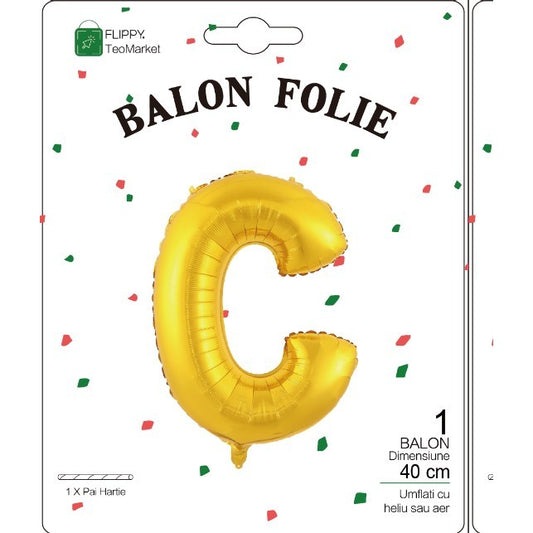 Balon Folie Metalizata Litera C, 40 cm, Umflati cu Heliu sau Aer, Ambalaj Individual, Pai inclus, Auriu