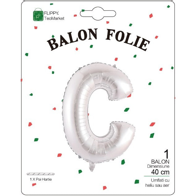 Balon Folie Metalizata Litera C, 40 cm, Umflati cu Heliu sau Aer, Ambalaj Individual, Pai inclus, Argintiu