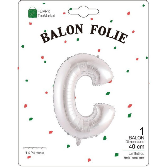 Balon Folie Metalizata Litera C, 40 cm, Umflati cu Heliu sau Aer, Ambalaj Individual, Pai inclus, Argintiu