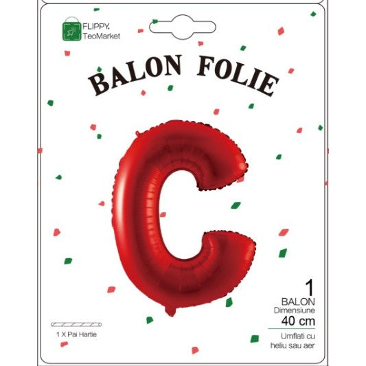 Balon Folie Metalizata Litera C, 40 cm, Umflati cu Heliu sau Aer, Ambalaj Individual, Pai inclus, Rosu