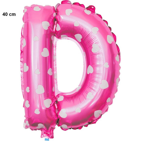 Balon Folie Metalizata Litera D, 40 cm, Cu Imprimeu Inimioare, Umflati cu Heliu sau Aer, Ambalaj Individual, Pai inclus, Roz