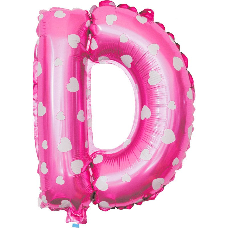 Balon Folie Metalizata Litera D, 40 cm, Cu Imprimeu Inimioare, Umflati cu Heliu sau Aer, Ambalaj Individual, Pai inclus, Roz