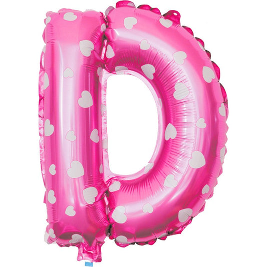 Balon Folie Metalizata Litera D, 40 cm, Cu Imprimeu Inimioare, Umflati cu Heliu sau Aer, Ambalaj Individual, Pai inclus, Roz
