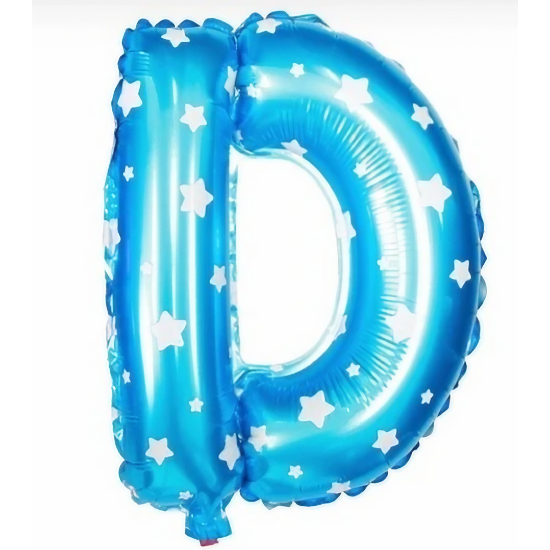 Balon Folie Metalizata Litera D, 40 cm, Cu Imprimeu Stelute, Umflati cu Heliu sau Aer, Ambalaj Individual, Pai inclus, Albastru