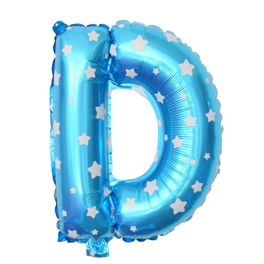 Balon Folie Metalizata Litera D, 40 cm, Cu Imprimeu Stelute, Umflati cu Heliu sau Aer, Ambalaj Individual, Pai inclus, Albastru