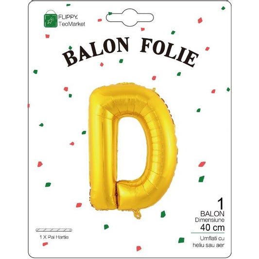 Balon Folie Metalizata Litera D, 40 cm, Umflati cu Heliu sau Aer, Ambalaj Individual, Pai inclus, Auriu