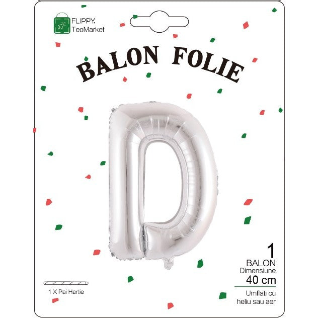 Balon Folie Metalizata Litera D, 40 cm, Umflati cu Heliu sau Aer, Ambalaj Individual, Pai inclus, Argintiu