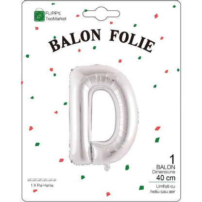Balon Folie Metalizata Litera D, 40 cm, Umflati cu Heliu sau Aer, Ambalaj Individual, Pai inclus, Argintiu
