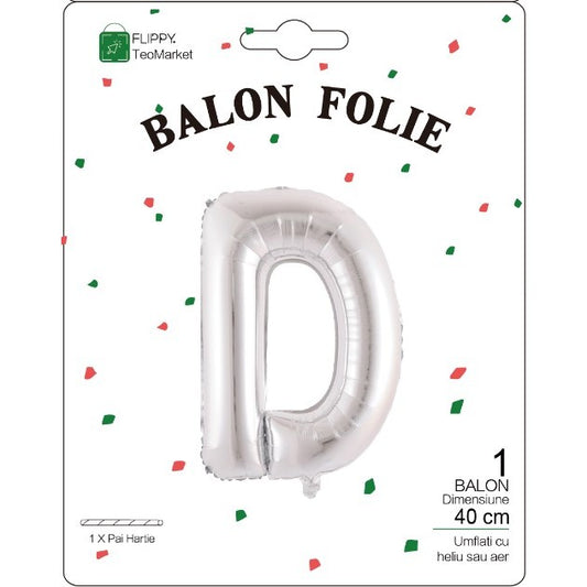 Balon Folie Metalizata Litera D, 40 cm, Umflati cu Heliu sau Aer, Ambalaj Individual, Pai inclus, Argintiu