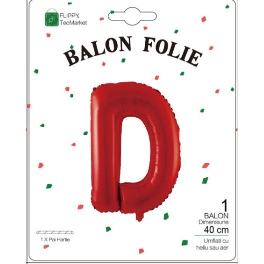 Balon Folie Metalizata Litera D, 40 cm, Umflati cu Heliu sau Aer, Ambalaj Individual, Pai inclus, Rosu