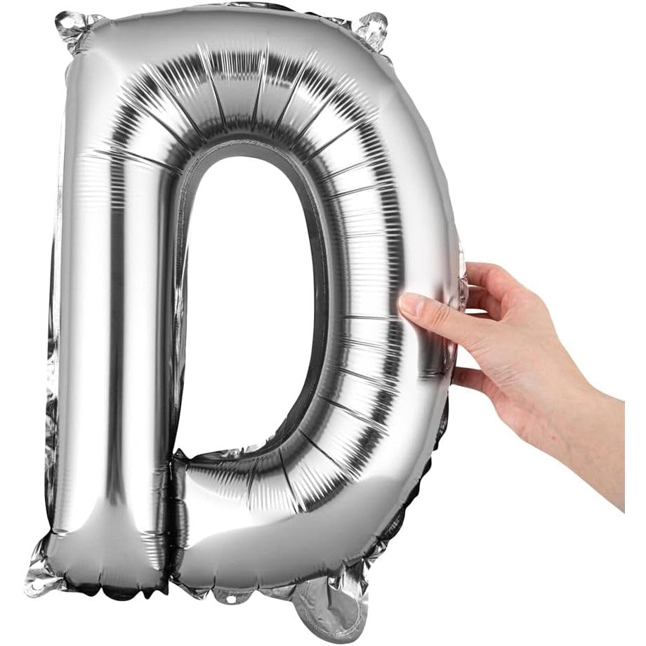 Balon Folie Metalizata Litera D, 40 cm, Umflati cu Heliu sau Aer, Ambalaj Individual, Pai inclus, Argintiu
