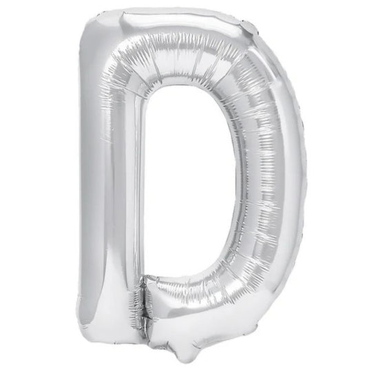 Balon Folie Metalizata Litera D, 40 cm, Umflati cu Heliu sau Aer, Ambalaj Individual, Pai inclus, Argintiu