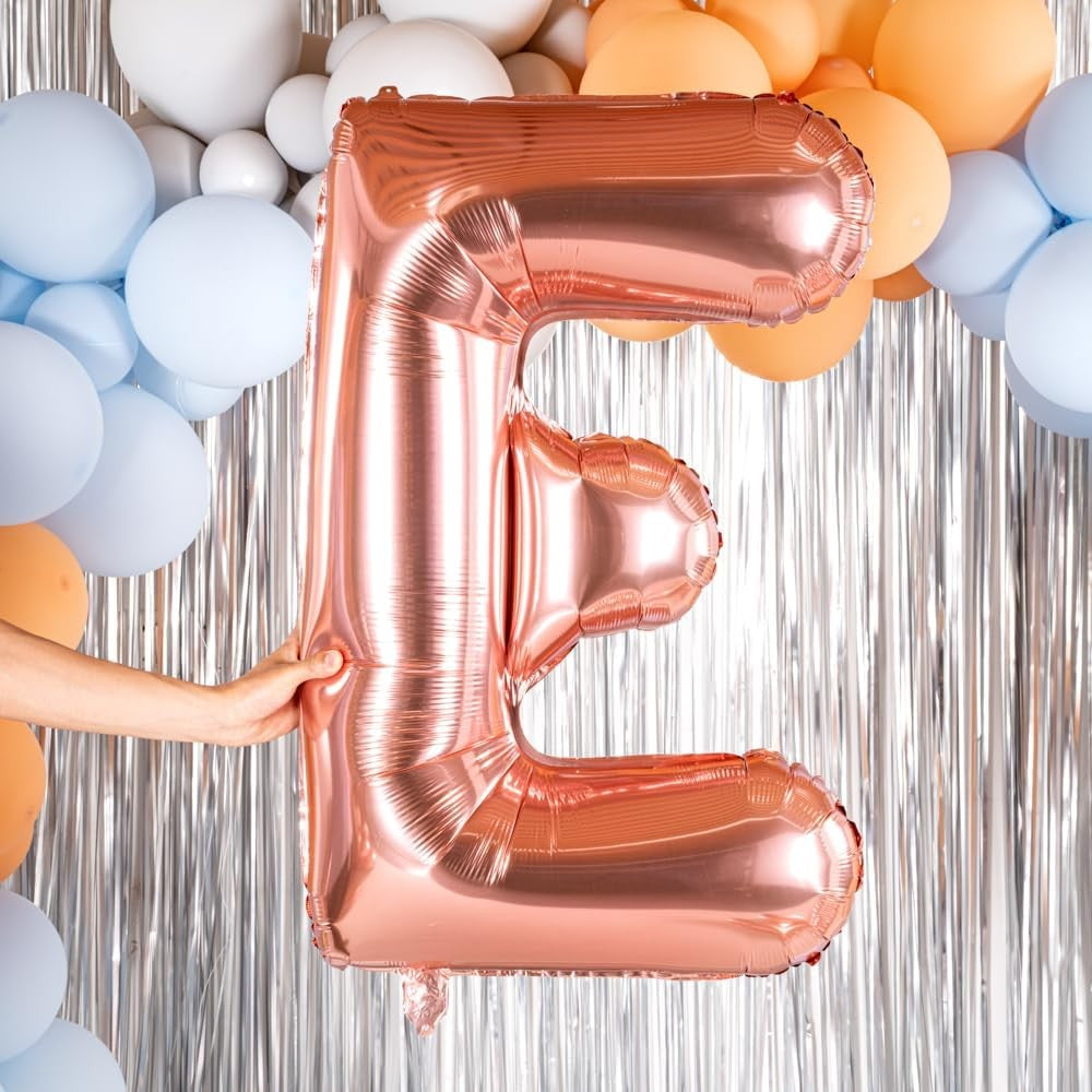 Balon Folie Metalizata Litera E, 100 cm, Umflati cu Heliu sau Aer, Ambalaj Individual, Pai inclus, Rose Gold
