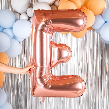 Balon Folie Metalizata Litera E, 100 cm, Umflati cu Heliu sau Aer, Ambalaj Individual, Pai inclus, Rose Gold