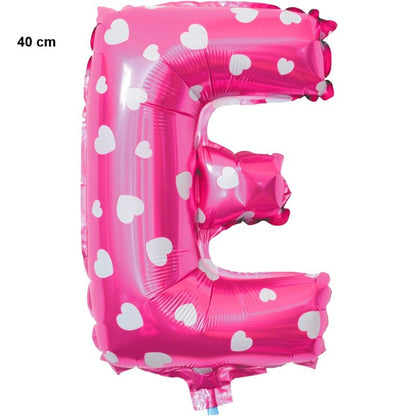 Balon Folie Metalizata Litera E, 40 cm, Cu Imprimeu Inimioare, Umflati cu Heliu sau Aer, Ambalaj Individual, Pai inclus, Roz