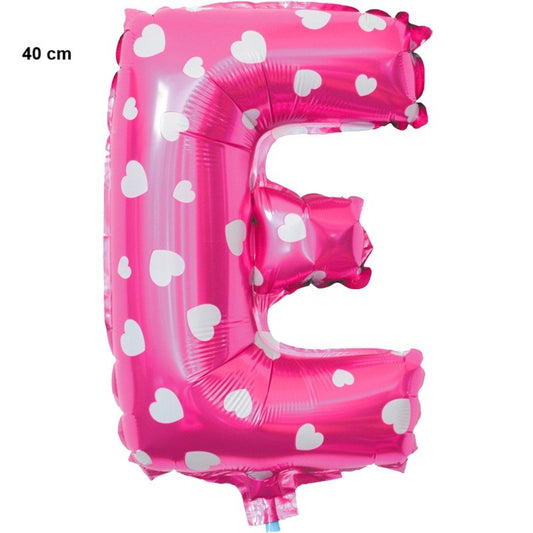 Balon Folie Metalizata Litera E, 40 cm, Cu Imprimeu Inimioare, Umflati cu Heliu sau Aer, Ambalaj Individual, Pai inclus, Roz