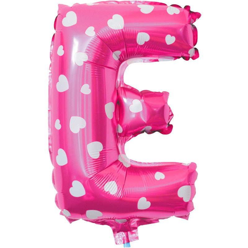 Balon Folie Metalizata Litera E, 40 cm, Cu Imprimeu Inimioare, Umflati cu Heliu sau Aer, Ambalaj Individual, Pai inclus, Roz