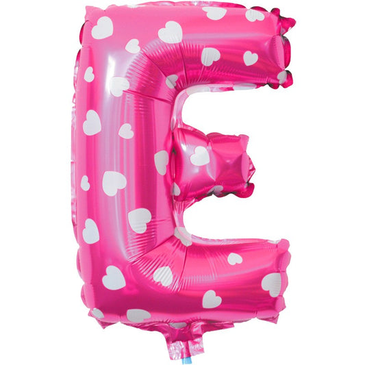 Balon Folie Metalizata Litera E, 40 cm, Cu Imprimeu Inimioare, Umflati cu Heliu sau Aer, Ambalaj Individual, Pai inclus, Roz