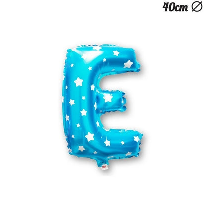 Balon Folie Metalizata Litera E, 40 cm, Cu Imprimeu Stelute, Umflati cu Heliu sau Aer, Ambalaj Individual, Pai inclus, Albastru