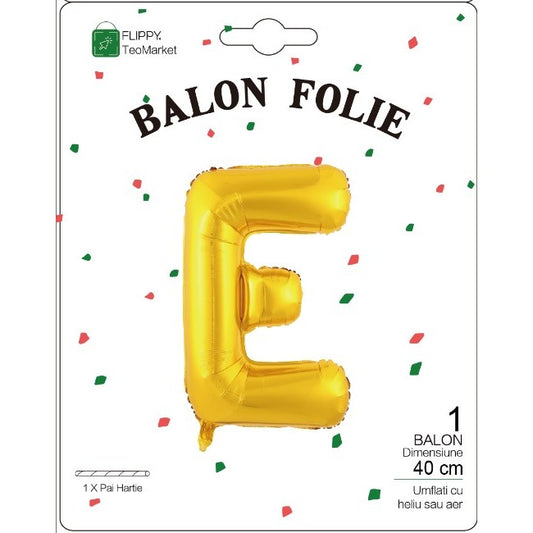 Balon Folie Metalizata Litera E, 40 cm, Umflati cu Heliu sau Aer, Ambalaj Individual, Pai inclus, Auriu