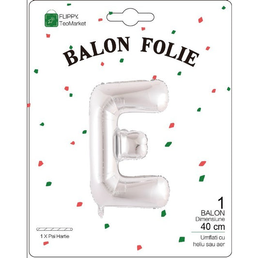 Balon Folie Metalizata Litera E, 40 cm, Umflati cu Heliu sau Aer, Ambalaj Individual, Pai inclus, Argintiu