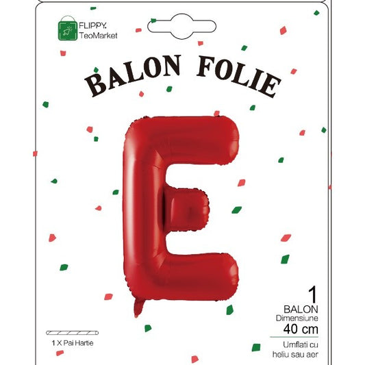 Balon Folie Metalizata Litera E, 40 cm, Umflati cu Heliu sau Aer, Ambalaj Individual, Pai inclus, Rosu