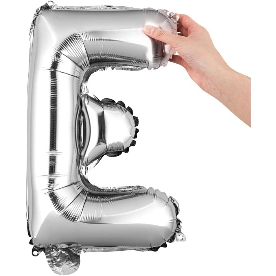 Balon Folie Metalizata Litera E, 40 cm, Umflati cu Heliu sau Aer, Ambalaj Individual, Pai inclus, Argintiu